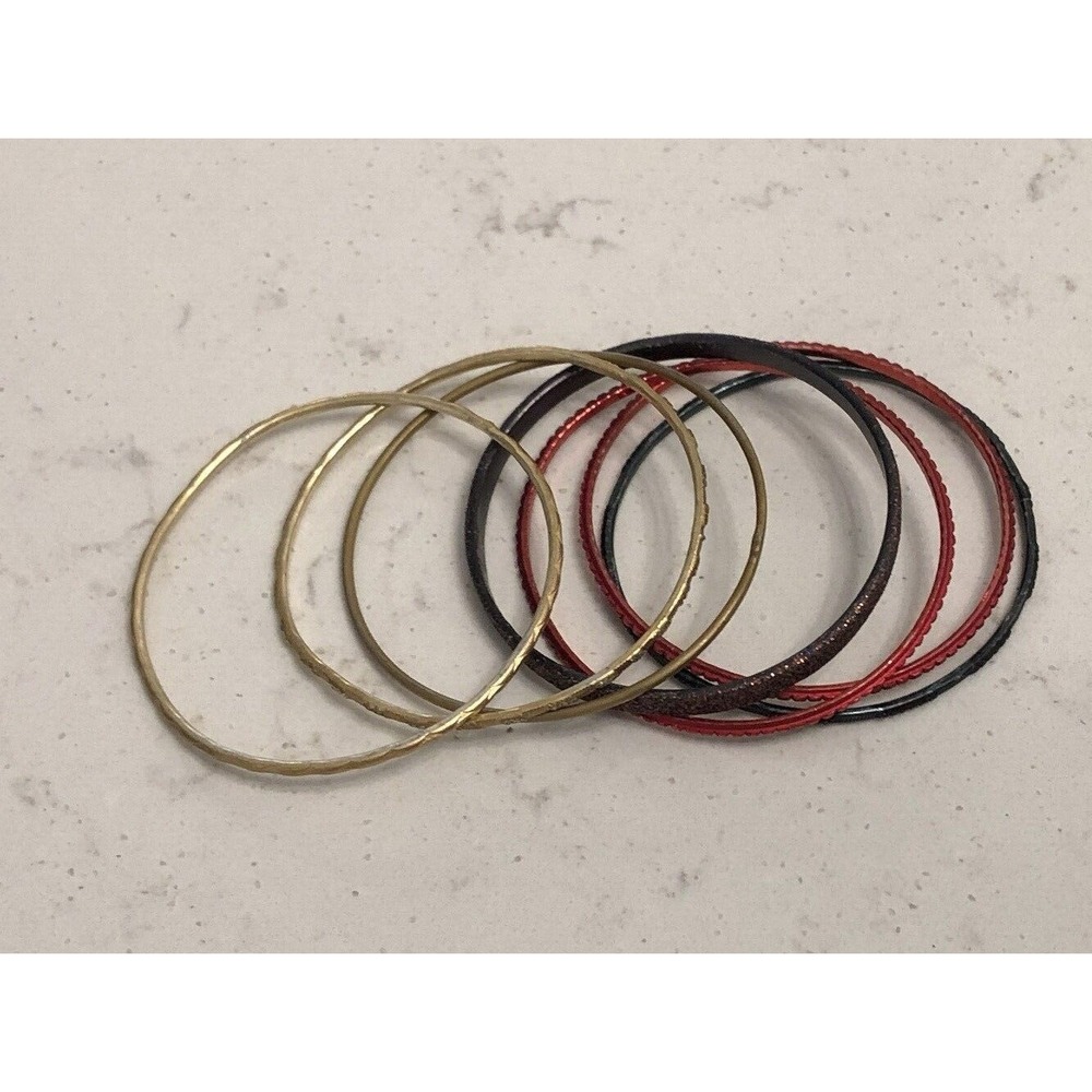 Lot of 7 Bangle Bracelets Gold Tone Stackable Boho Retro Multi Color Cottage - Picture 2 of 11